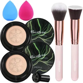 2 PCS Mushroom Head Air Cushion CC Cream Nature Foundation ,Foundation Brush Powder Brush,Moisturizing Concealer, Bright Makeup Base Long Lasting with Mushroom Makeup Sponge (Natural) Natural