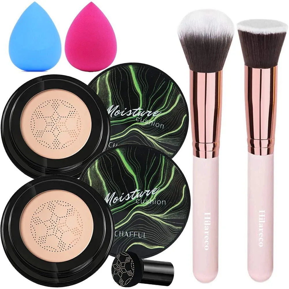 2 PCS Mushroom Head Air Cushion CC Cream Nature Foundation ,Foundation Brush Powder Brush,Moisturizing Concealer, Bright Makeup Base Long Lasting with Mushroom Makeup Sponge (Natural) Natural